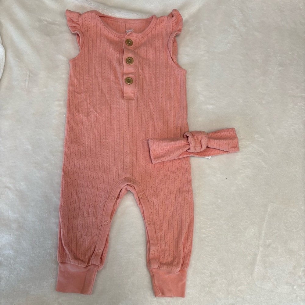 Cloud Island Pink Ribbed Baby Romper with Matching Headband
